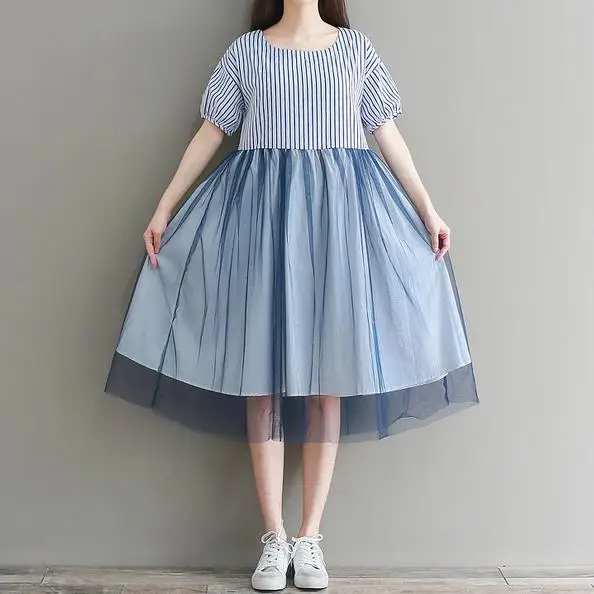 Mori Girl летнее женское платье миди в полоску лоскутное Сетчатое vestidos mujer