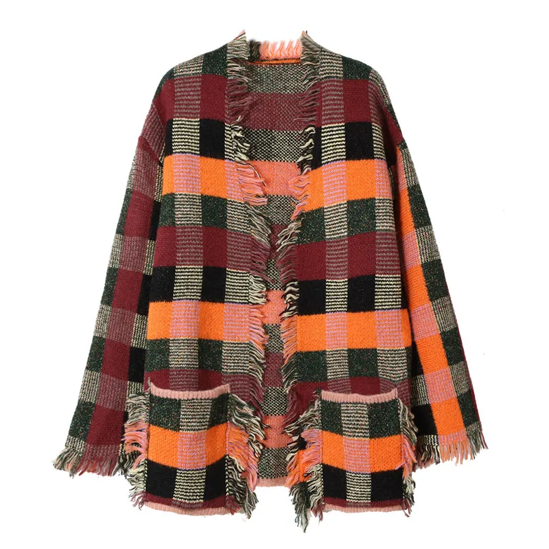 Best Price Knitted Cardigans Women Sweaters Colorful Plaid Loose Cardigans Long Sleeve V-Neck Woman's Sweater