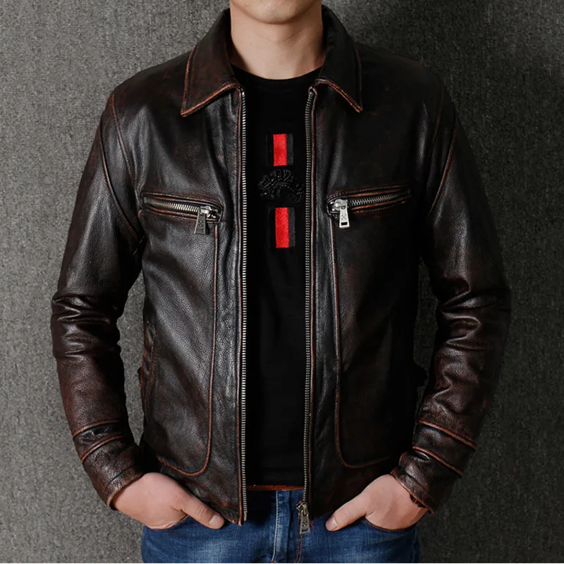 

Real Model Bike Mens Cow Leather Jacket Windbreaker Automotive Genuine Leather Jacket Vintage Retro Overcoat Men Streetwear A788