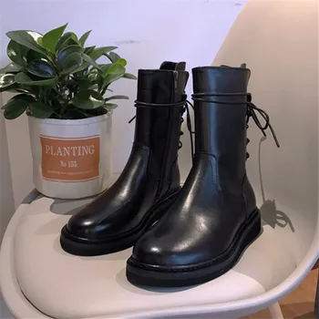 

2020 New Black Soft Leather Women Ankle Boots Back Lace Up Flat Shoes Woman Short Booties Ladies Motarcycle Boots