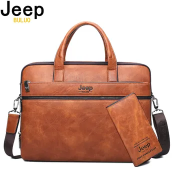 JEEP BULUO 브랜드 남자 비즈니스 서류 가방 2 개/대 분할 가죽 어깨 가방 남자 사무실 가방 14 인치 노트북 A4 캐주얼