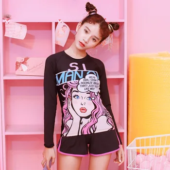 

Tankini Plus Size Bathing Suit Long Sleeve Women Swimwear Windsurf Three Piece Block Polyester Animal Rashguard Surfing Swimming