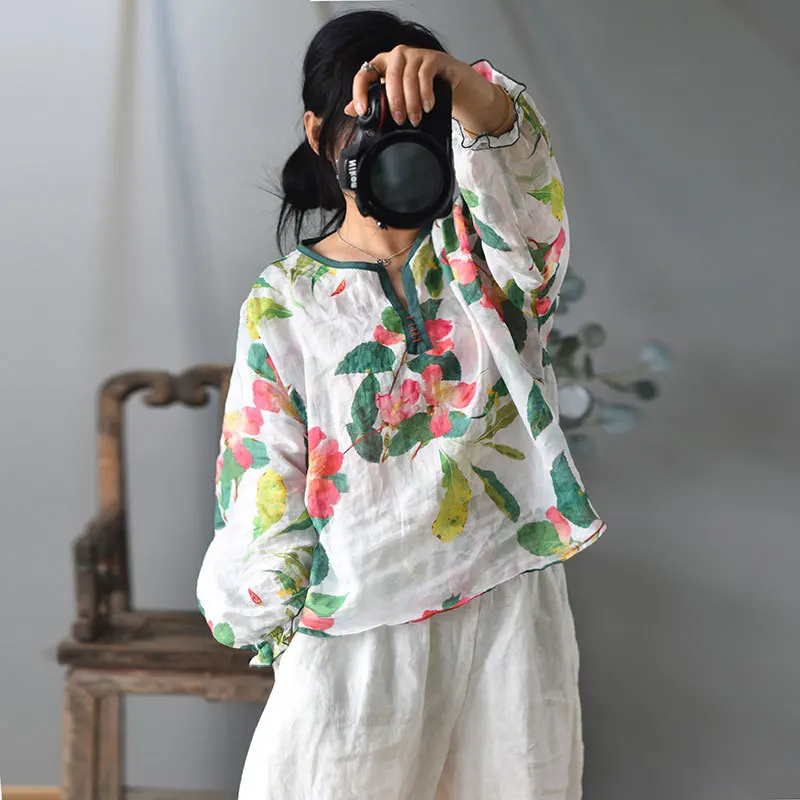 Women Ramie Printed Blouse Tops Female Vintage Print Ramie Latern Sleeve Shirts Ladies 2020 Spring Summer Ramie Shirt Tops 3