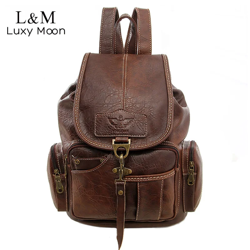 Best Vintage Women Backpack for Teenage Girls School Bags Large Drawstring Backpacks High Quality PU Leather Black Brown Bag XA658H