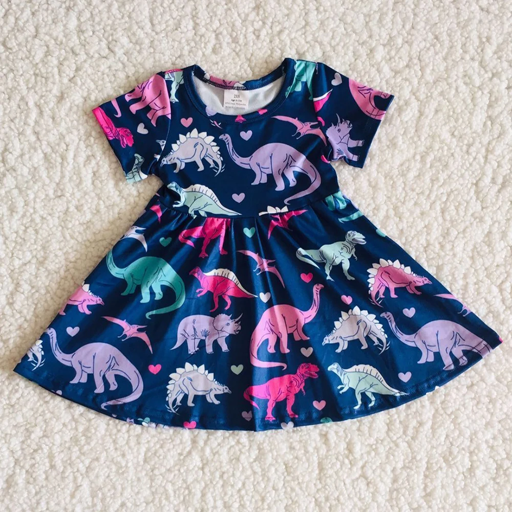 

RTS Wholesale Baby Girls Dresses Hot Sale Dinosaur Fashion Kids Clothes Girls Dress Short Sleeve Boutique Toddler Baby Dresses