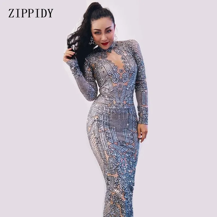 Серебряные стразы, спандекс, длинное платье для женщин, на день рождения, на праздник, наряд для выпускного, Одежда для танцев, для женщин, певица, сценические платья