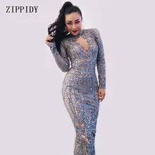 Серебряные стразы, спандекс, длинное платье для женщин, на день рождения, на праздник, наряд для выпускного, Одежда для танцев, для женщин, певица, сценические платья