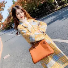 Элегантное плотное шерстяное пальто с отложным воротником, женское Свободное пальто в клетку с поясом и карманами, Длинная Верхняя одежда в клетку