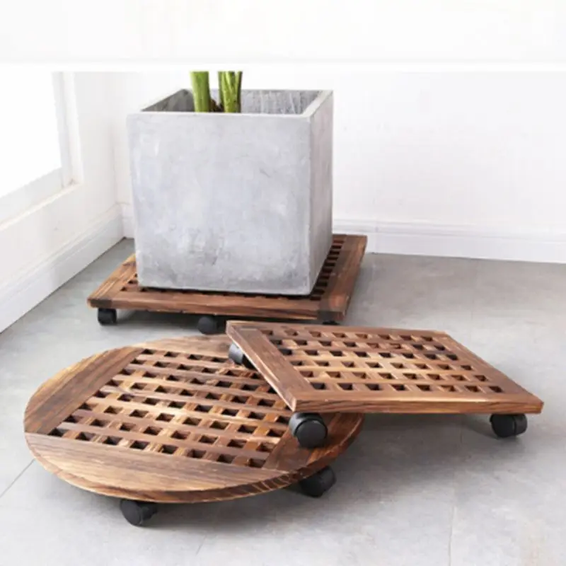 Flower Vase Pot Wooden Plant Caddy Stand with Rolling Wheel Moving Tray Roller