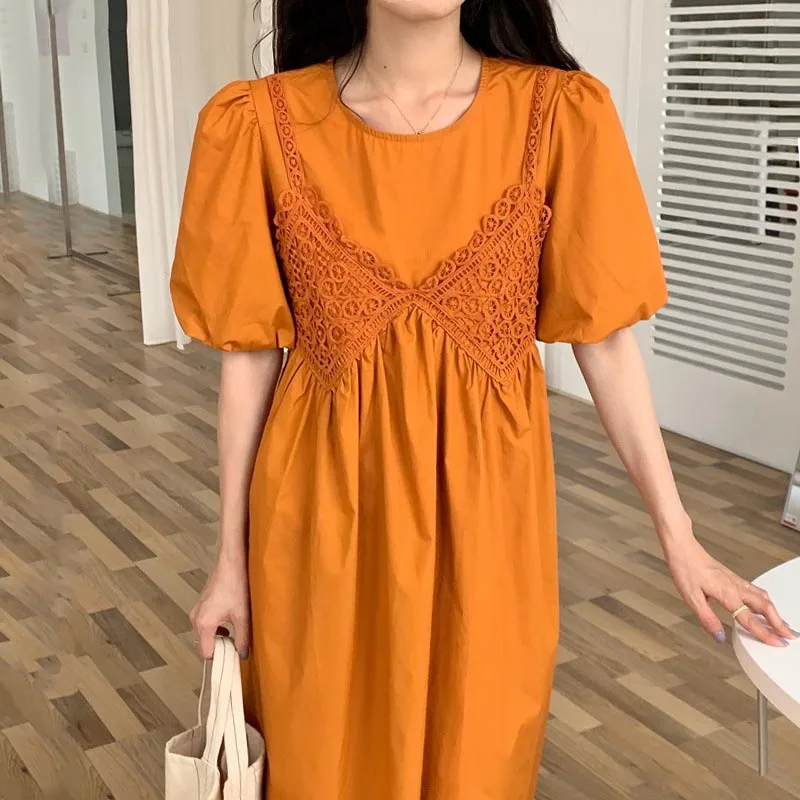 Women Dress 2021 Summer Korean Chic Gentle Round Neck Lace Crochet