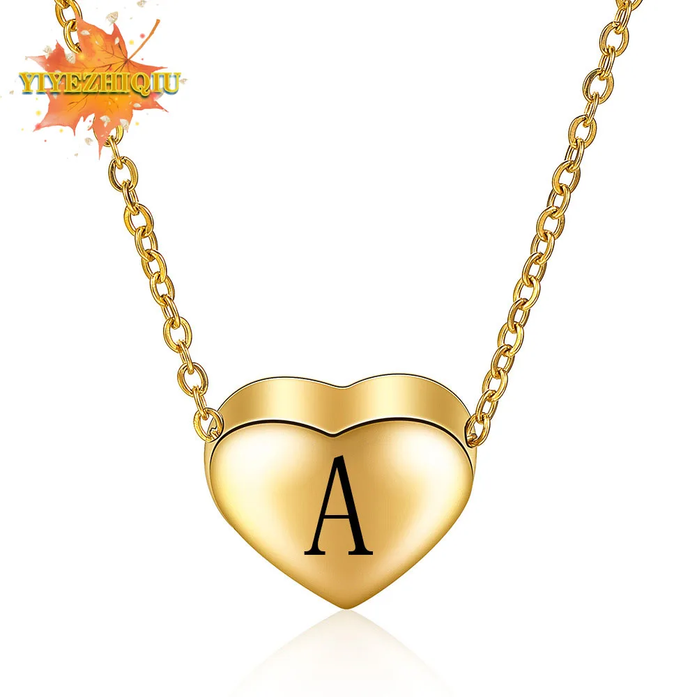 Charms Tiny Titanium Steel Heart Golden Color Initial Necklace Letter Choker Initials Name Necklaces Pendant for Women Girl Gift