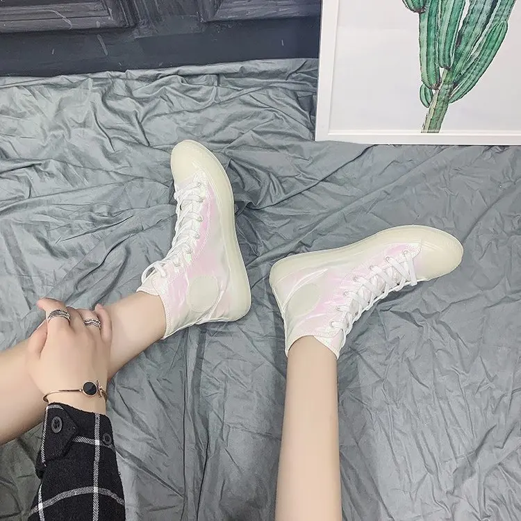 

2019 Autumn New Style Trendy Shoes Laser Jelly Colorful Crystal Bottom Shell Powder Rainbow Canvas Shoes High Shoes Women's Fash