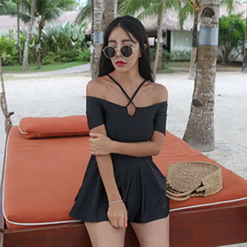 Korean Popular Hot Spring Solid Color Cross-Shoulder Sling Was Thin Sexy Skirt-Style High-Waisted Pleated Backless New Swimsuit |
