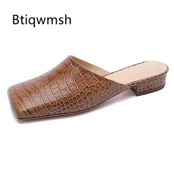 

2019 Brown Real Leather Slippers Women Square Toe Chic Design Flat Shoes Woman Fashion Mules
