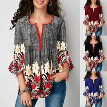 Bohemian Floral Print Blouse Women Long Button O-neck Long Flare Sleeve Skirt Hem Shirts Autumn Female Vintage Tops 5XL
