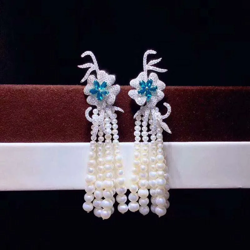 White Pearl Round Cz Pave Flower Stud Earrings