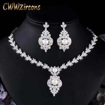 

CWWZircons Elegant Vintage White Cubic Zirconia Bridal Wedding Big Pearl Necklace and Earring Jewelry Sets for Women Party T486