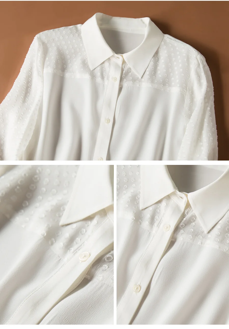 Женская шелковая блуза из натурального шелка креп белые блузки в горошек для женщин блузка с длинными рукавами рубашка Офисная Женская блузка