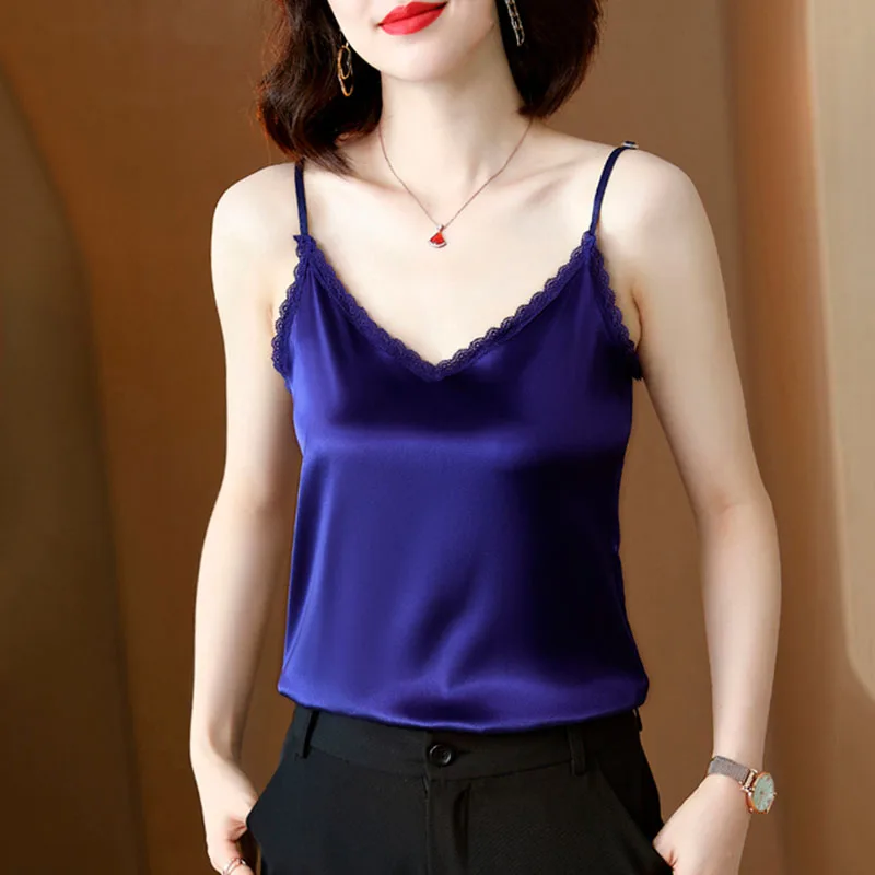 

Sleeveless Satin Silk Tank Tops Women'S Summer Camisole Plus Size Elegant Vest Strap Top Women Halter V Neck Basic White Camis
