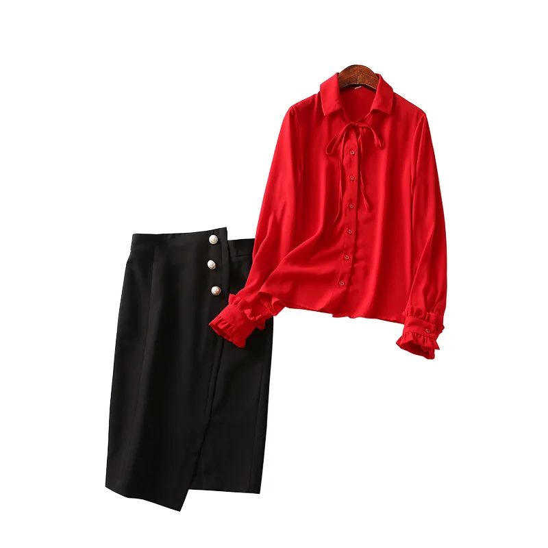 

A Generation of Solid Color Elegant Lapel Shirt Irregular High-waisted A- line Skirt Two-Piece Women's Entity