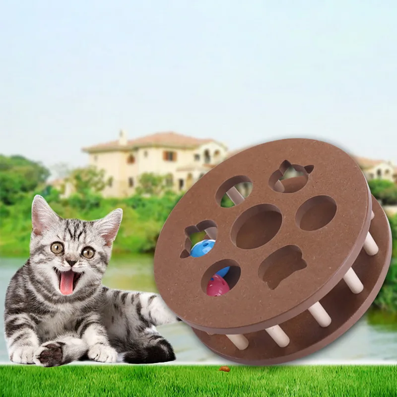 Pet Toy Wheel Shape Wood with Ball Interactive Squeak Roll Toy for Dogs Cats 1 Pcs