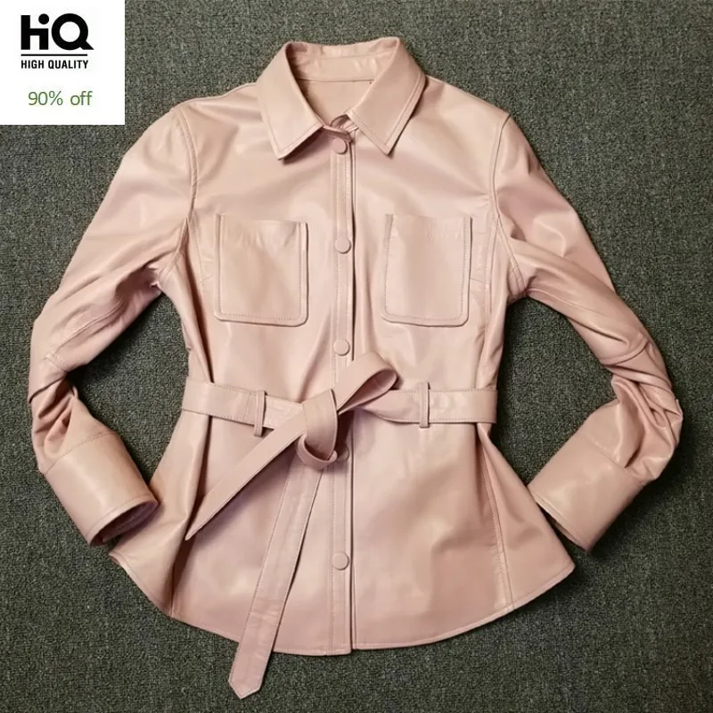 

2020 New Women Natural Sheepskin Jacket Pockets Belted Slim Fit Genuine Leather Jacket Kawaii Pink Windbreaker Real Leather Coat