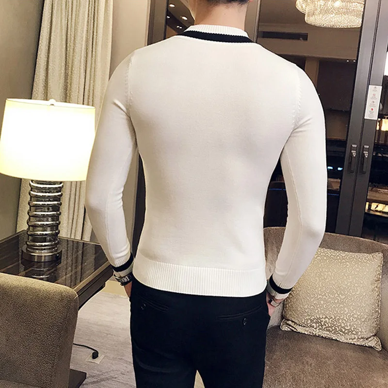 Осенний мужской свитер pull homme Модный повседневный теплый однотонный облегающий мужской вязаный пуловер с круглым вырезом белого и черного цвета