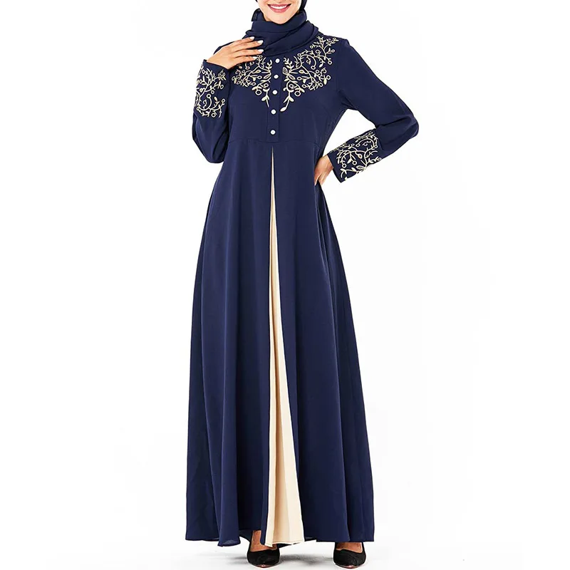 Middle East long-sleeved fake two-piece robes Dubai Arabian large size women's dress embroidered zipper stitching Muslim dress