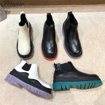 

Shoes Women Short Boots Clear Thick Sole Round Toe Genuine Leather Slip-On Ankle Boots Combat Boots 2020 Autumn Fashion Boots