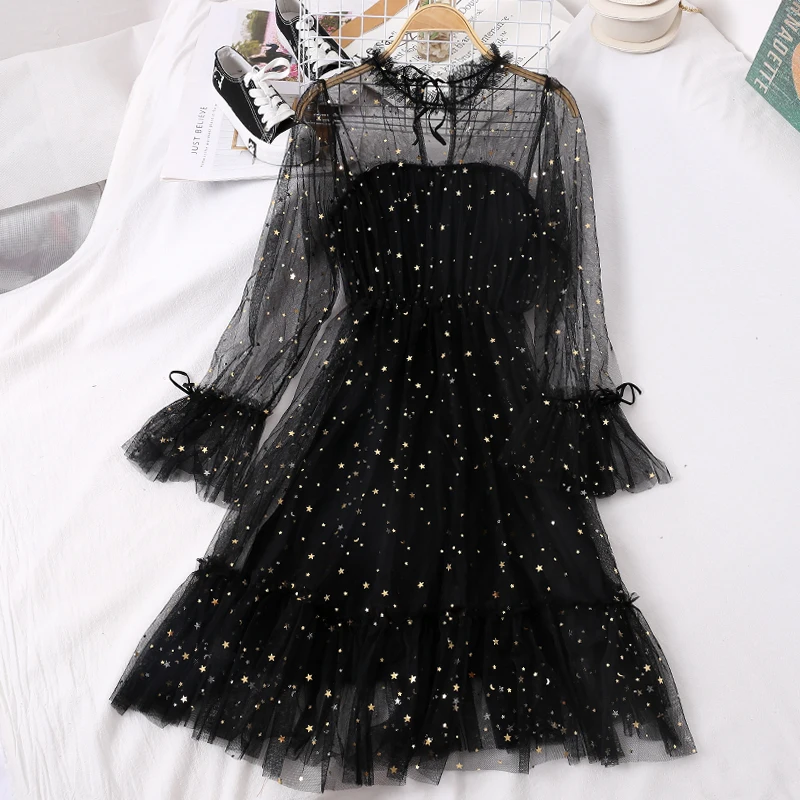 2019 Новое модное женское платье звезды блестки с длинными рукавами и высокой