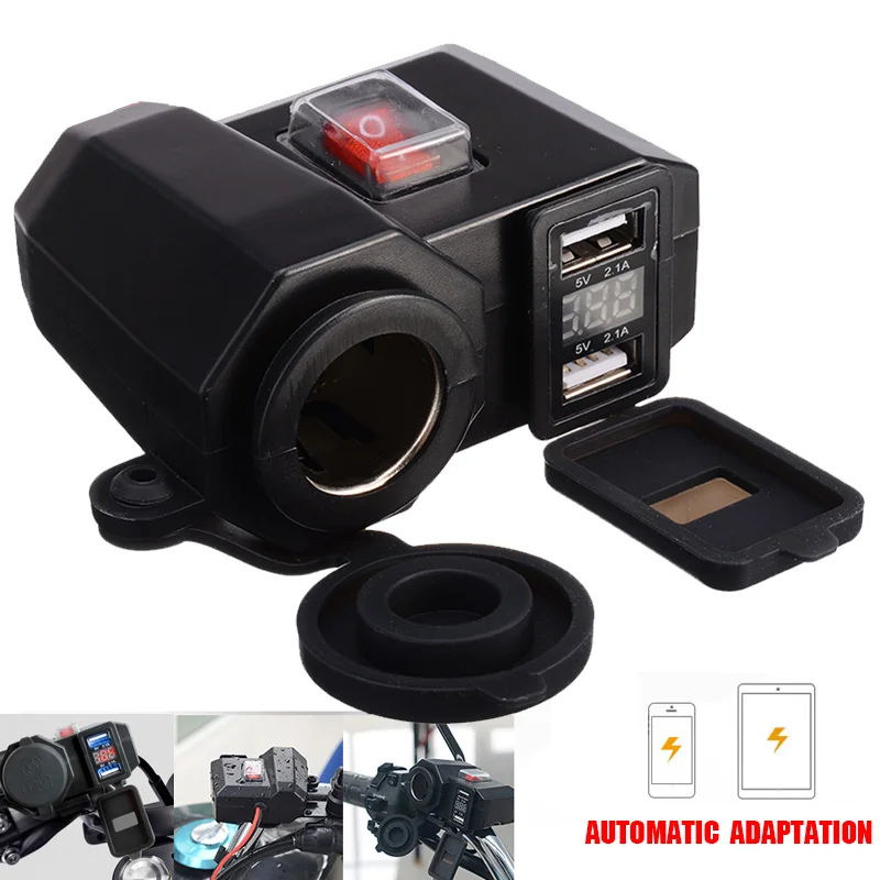 

1cp Waterproof 12V Motorcycle Cigarette Lighter Power DC 5V 2.1A Dual USB Socket Red LED Voltmeter