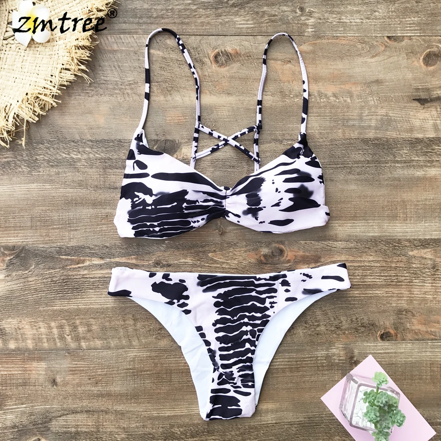 

ZMTREE Sale Size M Cross Back Sexy Bikini Set Women Push Up Simwear Vintage Printed Bathing Suit Swimsuit Low Waist Beachwear