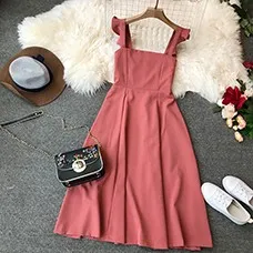 Vintage-Women-Solid-Dress-2019-Summer-Square-Collar-Knee-Length-Dress-Chic-Ruffles-Spaghetti-Strap-Casual