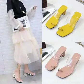 

2020 Square Head High-Heel Crystal Toe Covering Sandals Women's Chunky-Heel Outer Wear Transparent Sandals Women's