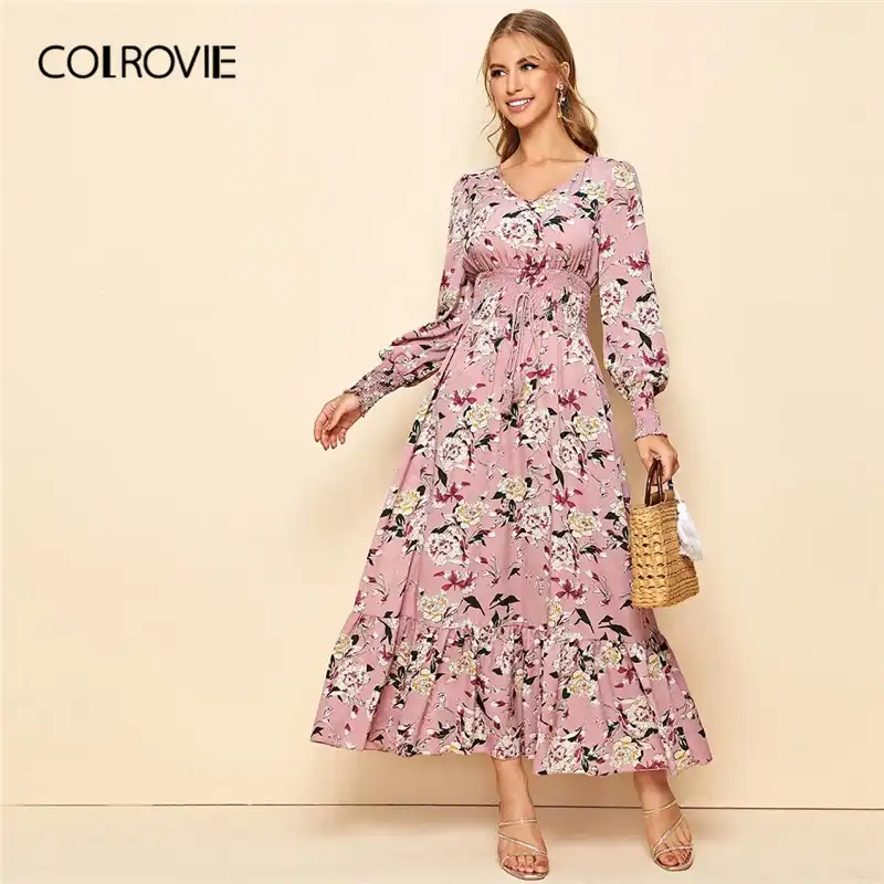 boho ditsy floral shirring detail maxi dress