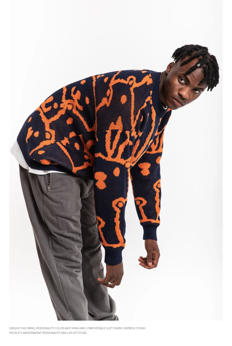 Original Trend Cartoon Cubs Knit Men / Women Loose Lazy Style Orange Sweaters Streetwear Personality Couples Knits