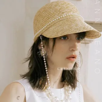 

Women sun visor Japanese pearl chain decoration natural wheat straw baseball hat fashion equestrian hat quiche hat