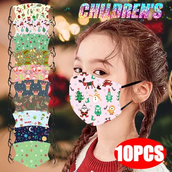 

10PCS Children's Christmas Print Mouth Mask Adjustable Earloop Windproof Reusable Face Mask Washable Breathable Respirator