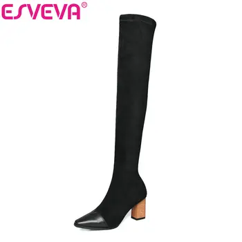 

ESVEVA 2020 Women Over The Knee Boots Winter Women Boots Square High Heel Western Style Elegant Motorcycle Boots Size 34-42