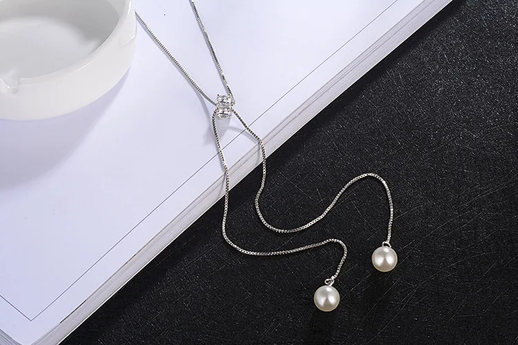Simple Fashion 925 Sterling Silver Necklace Zirconia Pearl Sweater Long Chain Necklaces For Women Choker Collares S-n168