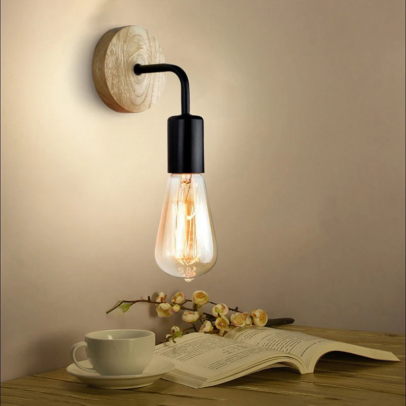 2Pcs/lot Vintage Wood Wall Lamp E27 Light Bulb Retro Industrial Wall Light Fixture For Home Loft Living Room Bedside Lamp Sconce 4