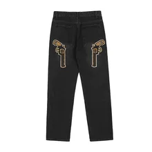 Pantalones vaqueros con bordado de pistola y estrellas para Hombre, Jeans rectos de gran tamaño, Retro, informales, Harajuku, color negro, 2021