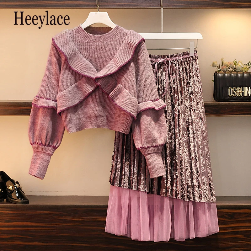 

plus size winter thick ruffle knitted sweater and velvet mesh patchwork long skirt set women korean sweet two piece set winter