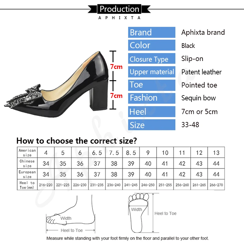 Aphixta Elegant Square Heels Patent Leather Official Pumps Women Bling Sequins Butterfly-knot Pointed Toe Dress Shoes Woman