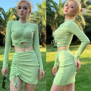 

Hirigin Women Sexy 2 Pcs Bodycon Crop Top Skirt Set Casual Long Sleeve Party Set