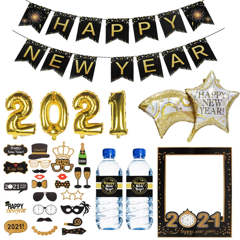 

2021 New Year Photo Booth Props New Year Eve Party Decor Navidad Happy New Year Gold Black Banner Christmas Decorations for Home