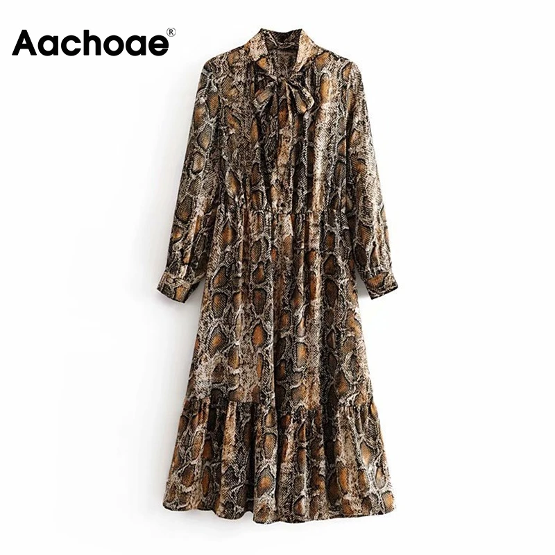 Aachoae Streetwear Snake Print Dress Women Bow Tie Collar Chic Shirt Dress Long Sleeve Pleated Midi Dress Autumn Spring Vestido Aachoae Streetwear Snake Print Dress Women Bow Tie Collar Chic Shirt Dress Long Sleeve Pleated Midi Dress Autumn Spring Vestido