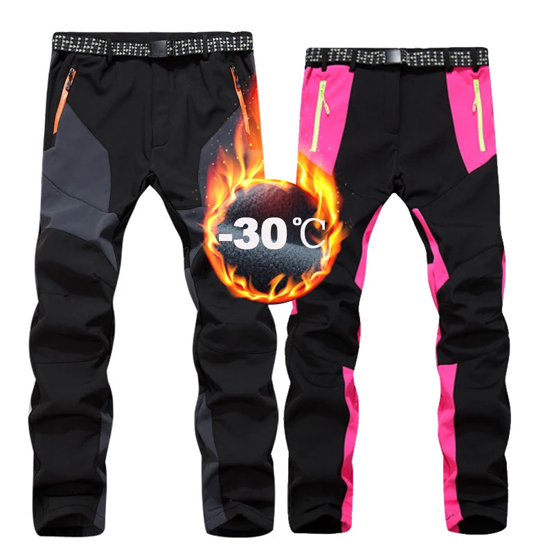 

-30 Degree Men Women Hiking Trekking Pants Winter Waterproof Warm Fleece Softshell Pants for Skiing Climbing Hiking Trousers