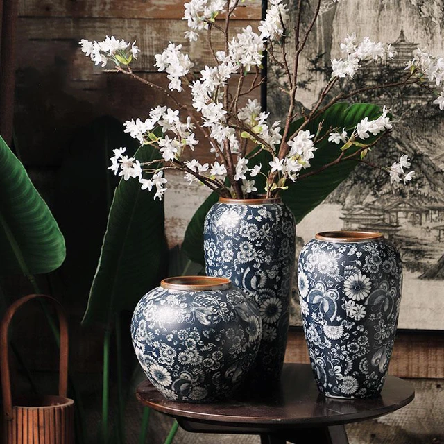 Jarrón de cerámica azul y blanco para encimera, arreglo de flores secas  Retro chino para sala