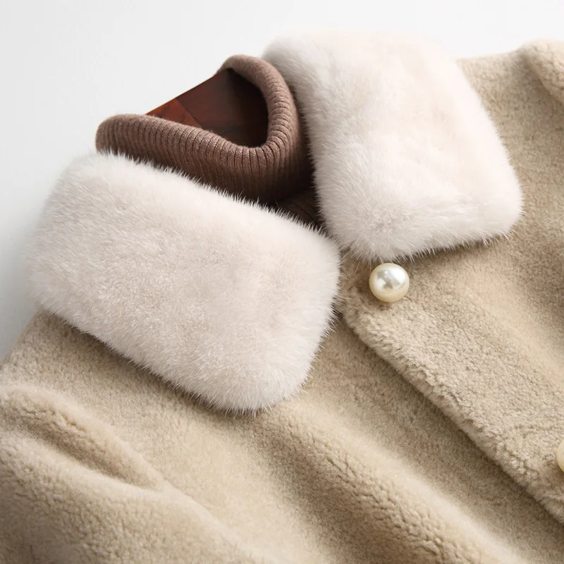 

long with natural fur, winter coat of wool, women's jacket, mink fur collar, Korean style Abrigo Mujer 2020